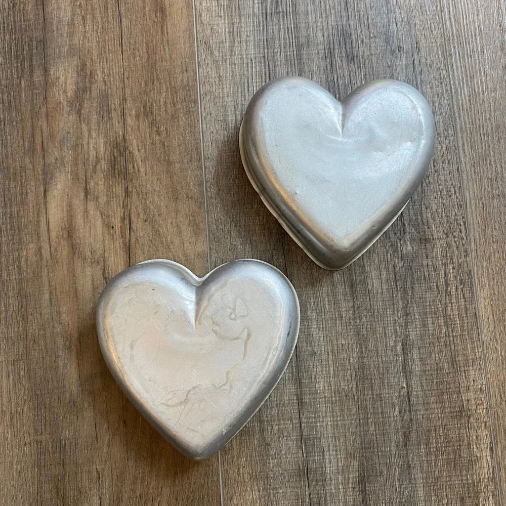 Vintage Heart Shaped Aluminum Cake Pans Set of 2 Silver Small Baking Molds